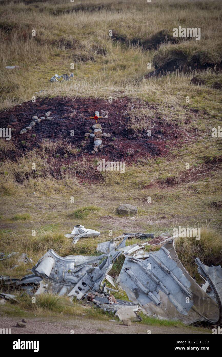 B-29 `überbelichtet` Absturzstelle, Glossop, England. Das Wrack der B-29 Superfortress steht als Denkmal auf den Mooren über Glossop, im Gipfel Stockfoto